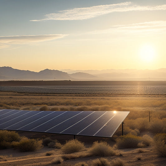 A serene California landscape with a vast, sun-kissed desert background, featuring a sprawling solar panel farm with sleek, black panels and silver frames, surrounded by wind turbines and lush greenery.