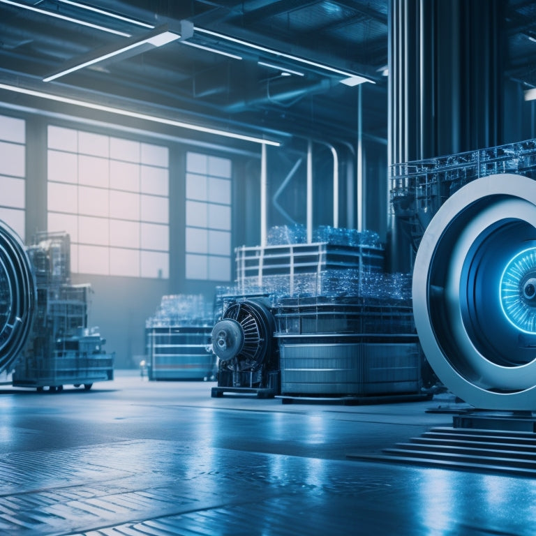 A futuristic factory interior with rows of sleek, silver machinery, surrounded by stacks of recycled panels, and a large, circular recycling symbol in the background, glowing with a soft blue light.