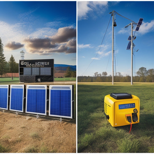 Illustrate a split-screen image with a solar panel installation on the left, featuring three prominent, colorful meters displaying voltage, current, and power readings.