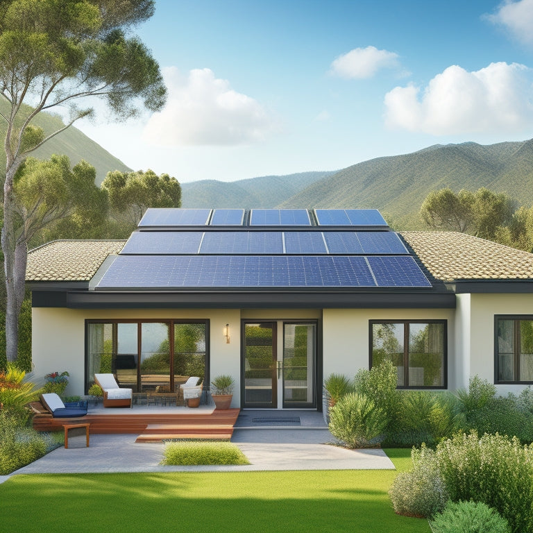 An illustration of a modern California home with sleek, black solar panels installed on a sloping, terracotta-tiled roof, surrounded by lush greenery and a bright blue sky with fluffy white clouds.