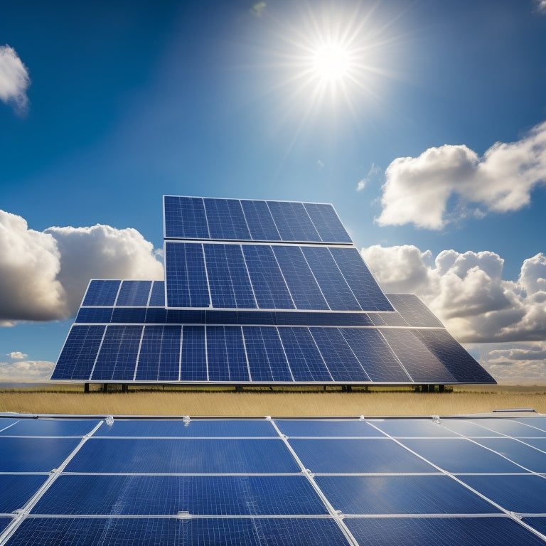 A futuristic solar panel array with sleek, black frames and high-efficiency Maxeon cells, featuring a unique parallel circuit design, set against a bright blue sky with fluffy white clouds.