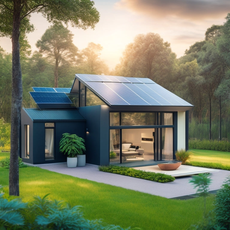 A modern home with a sleek, black solar panel array on the roof, surrounded by lush greenery, with a sleek, futuristic-looking battery storage system in the foreground.