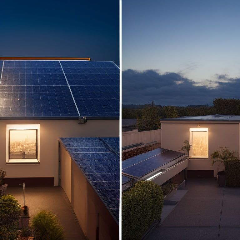 A split-screen image featuring a rooftop with solar panels on one side and a conventional electricity meter on the other, with contrasting bright and dim lighting, and varying meter speeds.