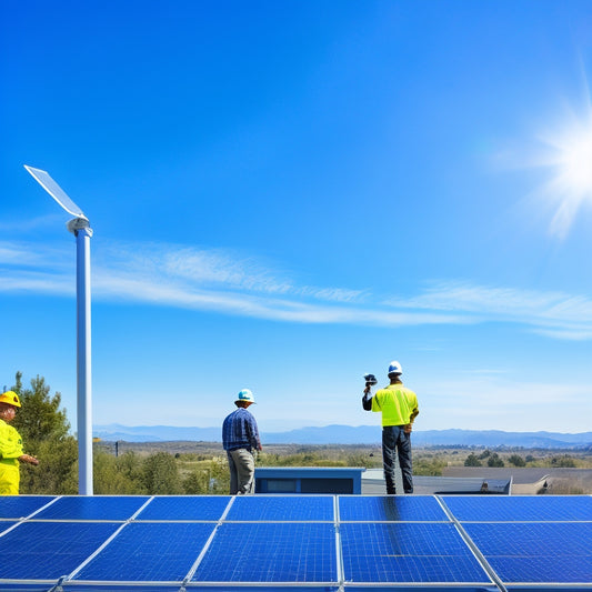 A bright blue California sky with a few wispy clouds, a modern suburban home with a sleek black solar panel array on the roof, a yellow hard-hat-wearing worker in the foreground, inspecting the installation.