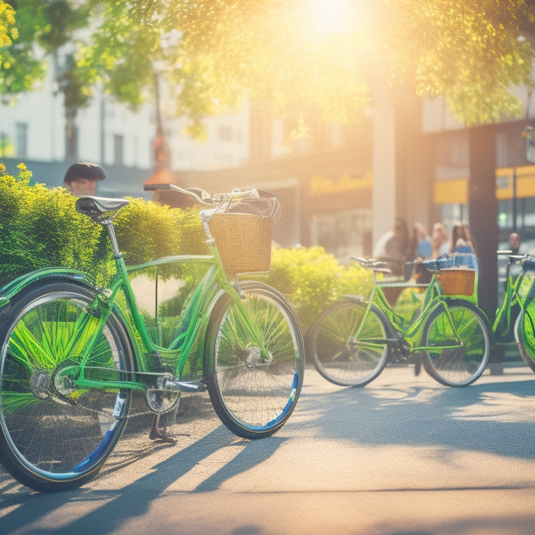 A vibrant cityscape with sleek, eco-friendly bicycles parked at stations, surrounded by lush greenery, with a blurred background of people cycling and a subtle sun or leaf motif.