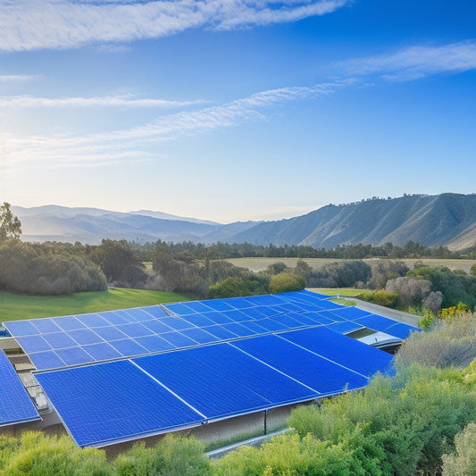 A serene California landscape with a modern solar panel array installed on a rooftop, surrounded by lush greenery and a bright blue sky with a few white, puffy clouds.