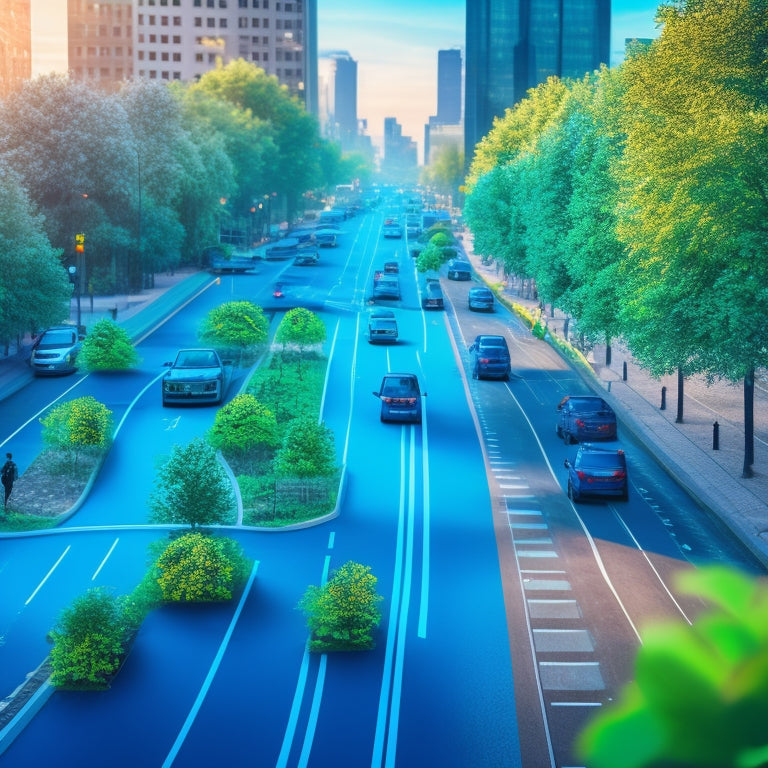 An illustration of a cityscape with greenery, featuring electric and self-driving vehicles, bike lanes, and pedestrians, with glowing blue route lines connecting key destinations, amidst a subtle background of leaves and feathers.