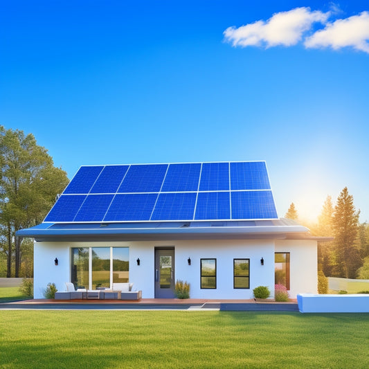 An illustration of a modern house with a bright blue sky and fluffy white clouds, showcasing a seamless solar panel installation process: panels on the roof, inverter on the wall, and a meter displaying zero energy cost.