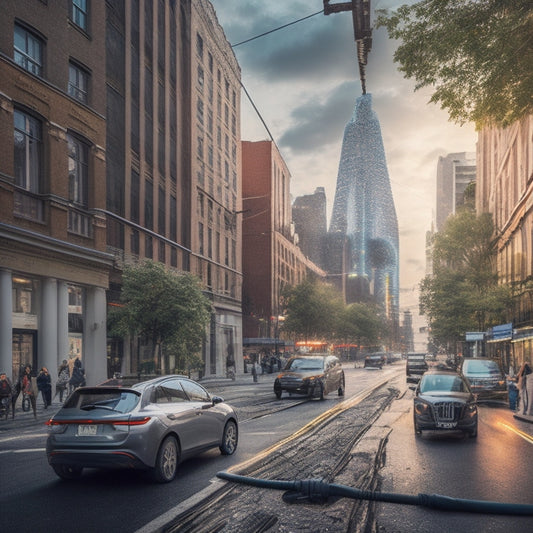 A cityscape with tangled power lines, congested streets, and a mix of old and new buildings, featuring a few electric vehicles plugged into charging stations, with sparks and wires bursting out of manhole covers.