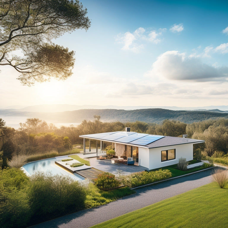 A serene landscape with a modern home in the distance, solar panels installed on its rooftop, surrounded by lush greenery and a bright blue sky with a few puffy white clouds.