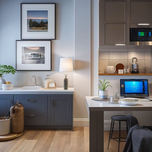 An illustration of a modern home interior with various charging stations placed strategically near power outlets, along a hallway, on a nightstand, and under a kitchen counter, with devices plugged in.