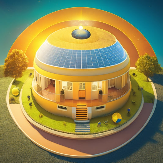 A stylized illustration of a house with a bright yellow sun at its center, surrounded by orbiting planets, each with a corresponding solar panel installation step depicted in a circular motion.