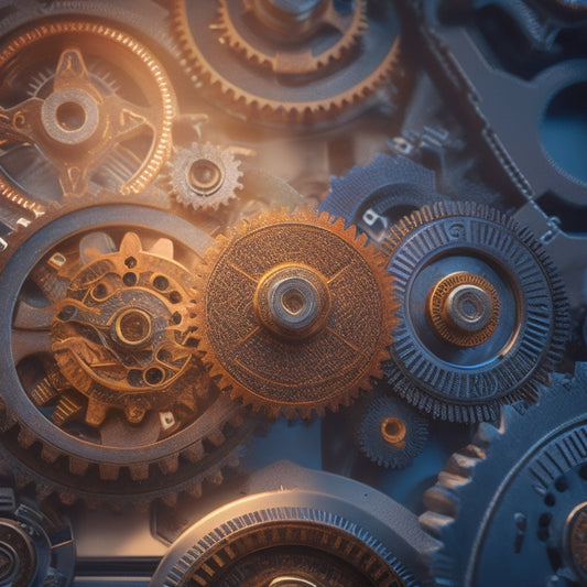 A stylized illustration of three interconnected gears in different sizes, surrounded by subtle circuit board patterns, with a faint grid of measurement units in the background.