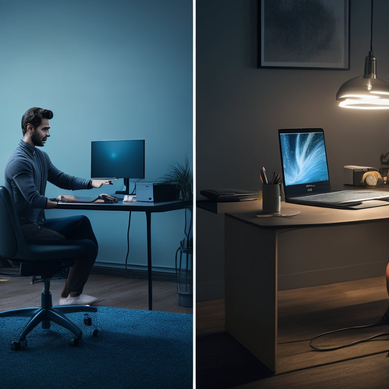 A split-screen image featuring a person surrounded by dark, tangled cords and devices on one side, and a person calmly sitting in front of a sleek, minimalist desk with a single, glowing laptop on the other.