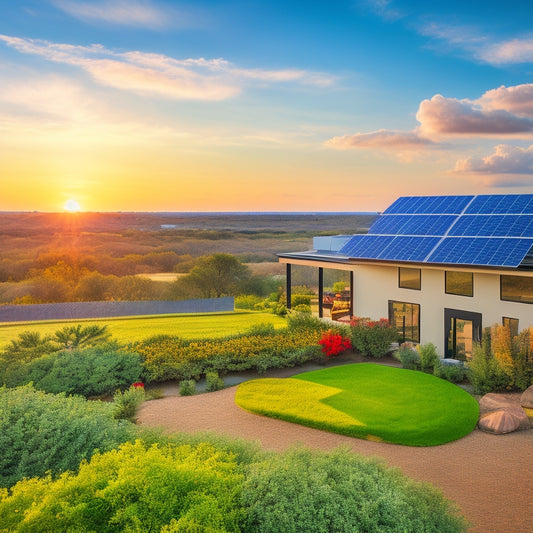 A sunny Texas landscape with a modern residential rooftop featuring a sleek, black-framed solar panel array, surrounded by vibrant greenery and a distant horizon with wind turbines.