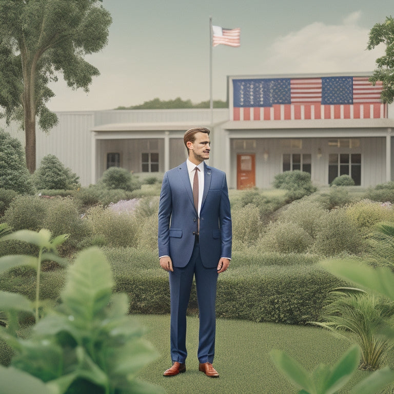 An illustration of a business owner standing in front of a sustainable, eco-friendly factory, surrounded by lush greenery, with a subtle American flag pattern in the background and a faint image of a dollar sign.