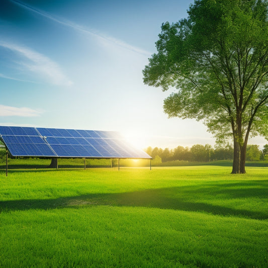 A serene, sun-lit landscape with a few solar panels mounted on sleek, silver poles, rising from a lush green grassy field, amidst a few trees, with a subtle, blue sky in the background.