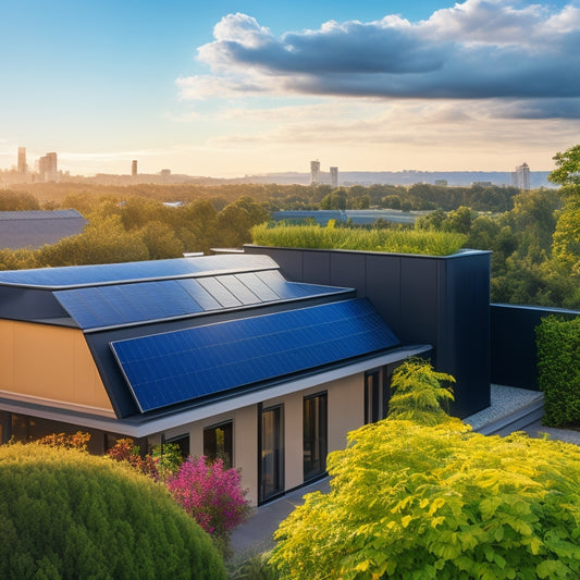 A modern residential rooftop with sleek, black solar panels installed at an angle, connected to a sleek, compact battery storage unit in the foreground, surrounded by lush greenery.