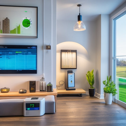 A modern home interior with various energy-monitoring devices and smart gadgets, including a tablet displaying real-time energy usage data, a smart plug, and a sleek energy meter on the wall.