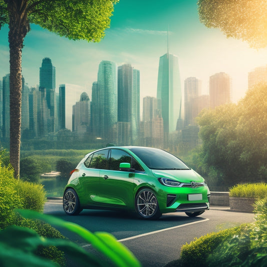 An illustration of a sleek, eco-friendly car with a green leaf pattern on the side, surrounded by recyclable car accessories and a cityscape with greenery in the background.