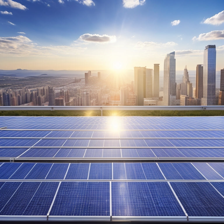 A photorealistic image of a commercial rooftop with multiple rows of sleek, silver-framed solar panels at a 30-degree angle, surrounded by city skyscrapers and a clear blue sky with few puffy clouds.