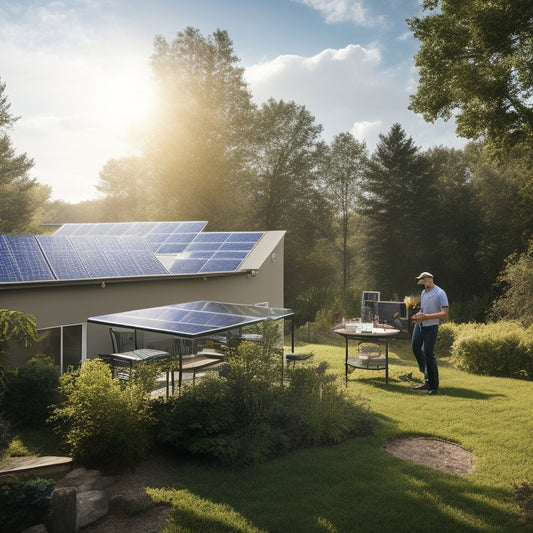 A serene backyard scene with a modern solar panel array installed on a rooftop, surrounded by lush greenery, with a technician in the distance, holding a toolkit, amidst a sunny afternoon with fluffy white clouds.