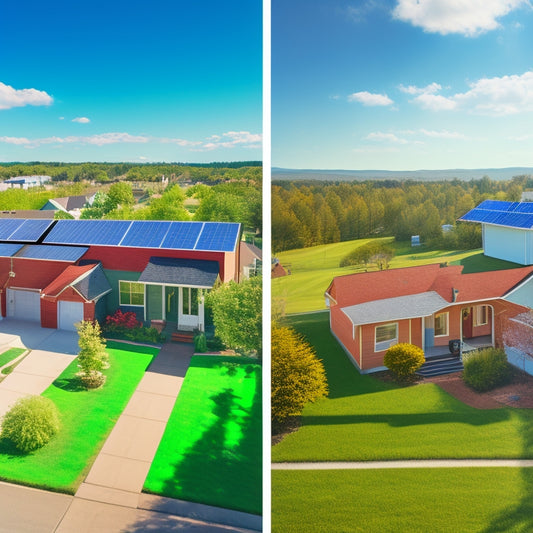 A split-screen image: a sunny suburban street with houses featuring differently sized and angled solar panels, juxtaposed with a map of the United States with varying shades of green to represent regional cost differences.