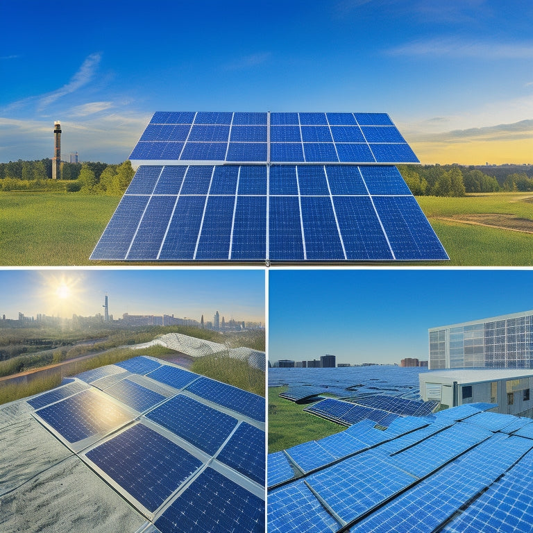 A split-screen image featuring a commercial building with solar panels on the roof, juxtaposed with a puzzle composed of seven interlocking pieces, each with a distinct icon: a dollar sign, a sun, a clock, a map pin, a factory, a briefcase, and a graph.