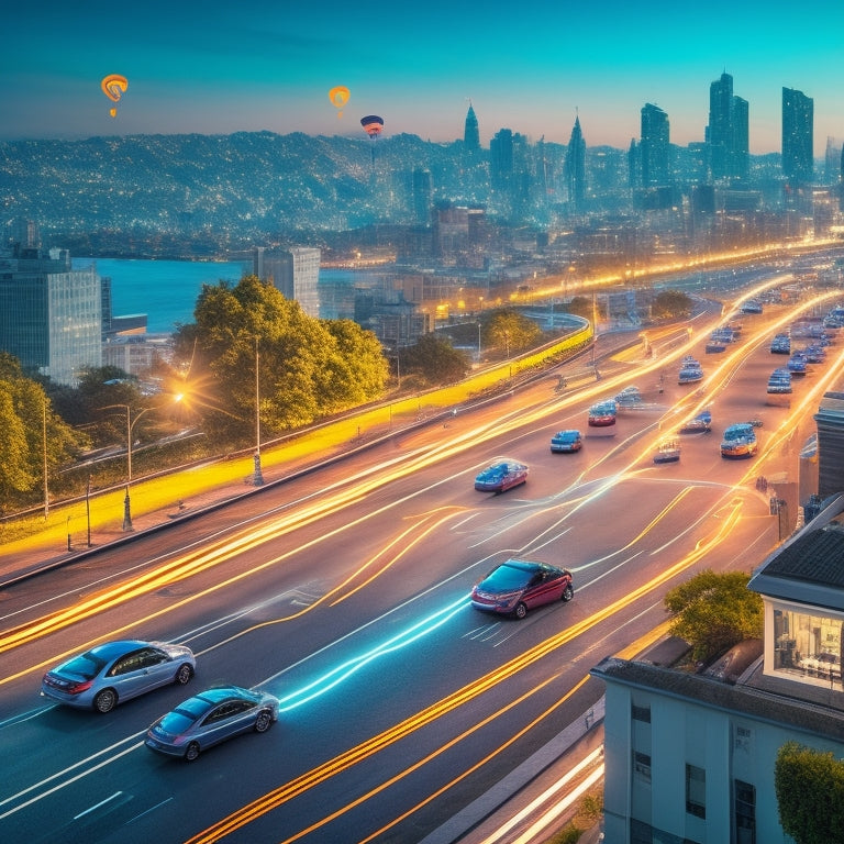 An illustration of a cityscape with multiple electric vehicles in the foreground, each with a glowing battery icon above it, surrounded by swooping lines and arrows indicating rapid swaps.