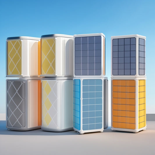 A futuristic, minimalist illustration of various sleek, modern solar panel energy storage batteries of different shapes, sizes, and colors, arranged in a stylized, grid-like pattern on a clean white background.