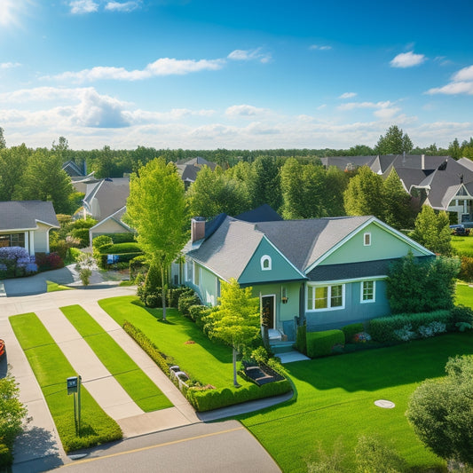 A serene suburban neighborhood with several houses, each featuring a rooftop solar panel installation, surrounded by lush green trees and a clear blue sky with a few wispy clouds.