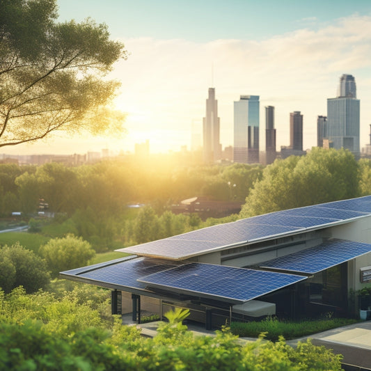 A sunny, serene landscape featuring a small, eco-friendly business with rooftop solar panels, surrounded by lush greenery, with a subtle cityscape in the background, conveying sustainability and innovation.