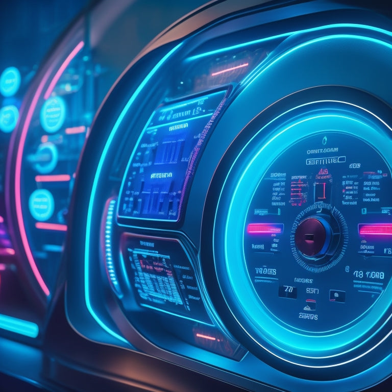 A futuristic, high-tech dashboard with glowing blue lines and circuits, featuring a large, circular performance gauge with a subtle, pulsing red warning light, surrounded by smaller, interconnected nodes and wires.