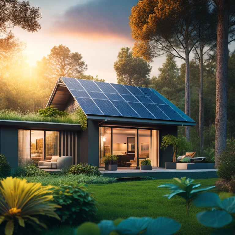 A photorealistic image of a modern, eco-friendly home with solar panels on the roof, surrounded by lush greenery, with a subtle glow emanating from the windows, highlighting a sleek inverter unit in the foreground.