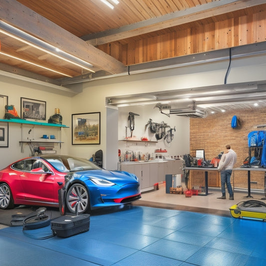 A modern, sleek, and well-lit home garage with a Tesla Powerwall installed on the wall, surrounded by various tools and machinery, with a technician in the background, wearing a helmet and gloves, working on a laptop.