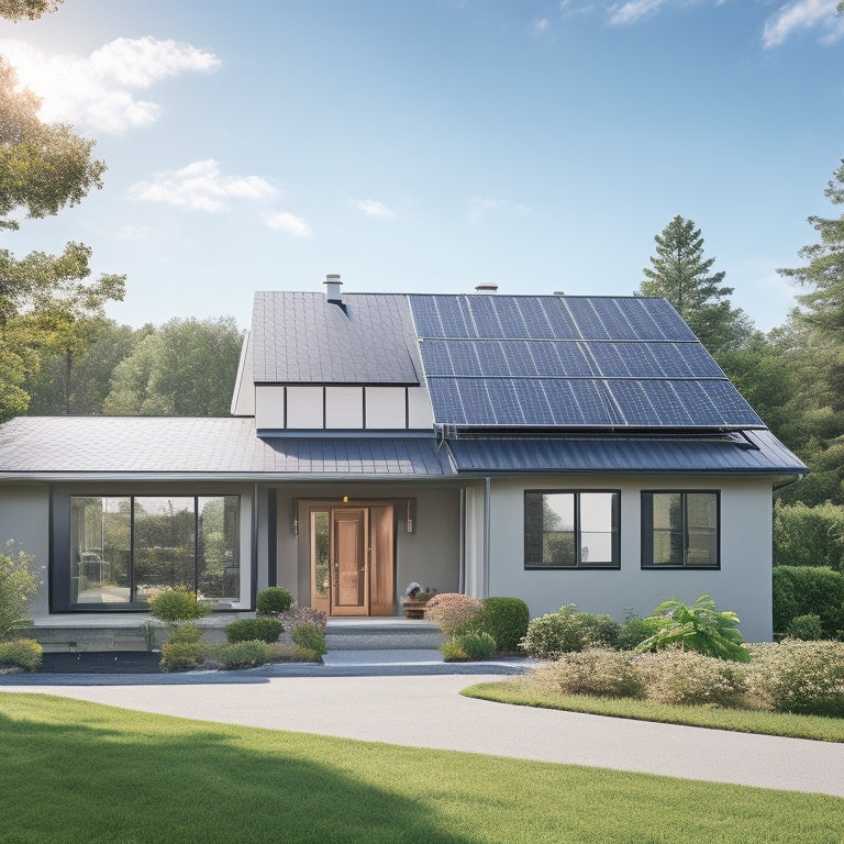 A serene suburban home with a sloping roof, adorned with sleek black solar panels, surrounded by lush greenery and a bright blue sky with a few wispy clouds.