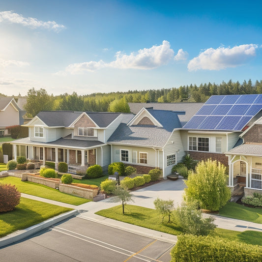 A serene suburban neighborhood with 5-7 residential houses, each with solar panels installed on their rooftops, showcasing different installation angles and panel arrangements, set against a clear blue sky.