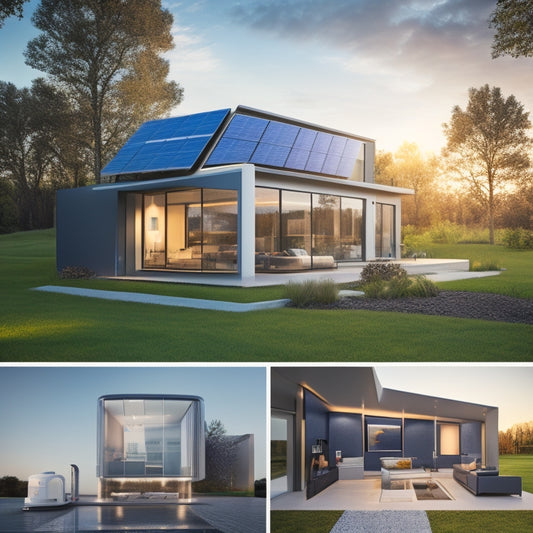 A futuristic home with solar panels on the roof, sleek smart devices and gadgets integrated into the walls, and a large touchscreen display showing real-time energy usage and savings data.