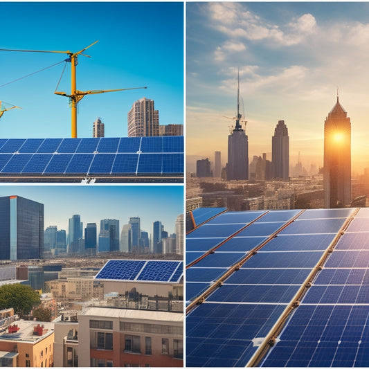 A split-screen illustration contrasting a sunny rooftop with a few outdated solar panels against a bustling cityscape with numerous modern solar panels and cranes installing new ones, with a subtle money bag in the background.