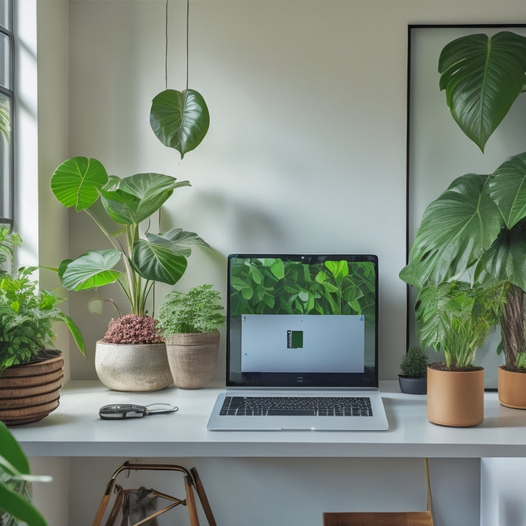 A serene, well-lit modern home interior with a sleek, wall-mounted thermostat, surrounded by lush green plants, and a subtle laptop in the corner, showcasing a reliable online shopping experience.