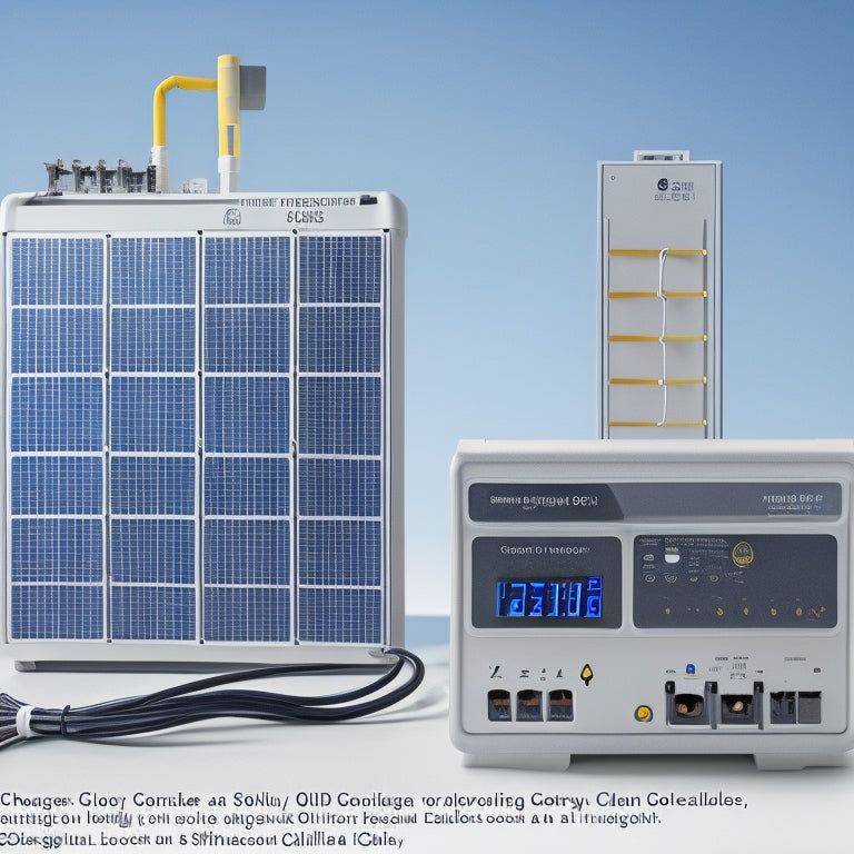 A diagram showcasing a solar panel array, a charge controller, a battery bank, and an inverter, with connecting wires and cables, set against a clean white background.