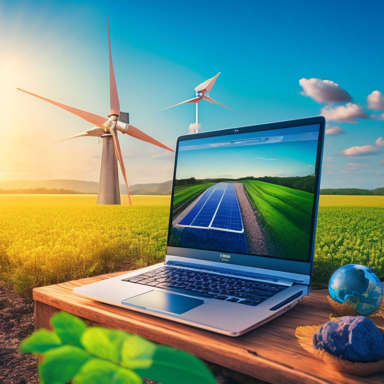 An illustration of a laptop surrounded by icons of wind turbines, solar panels, and leaves, with a subtle background of a globe, conveying eco-friendliness and digital innovation.