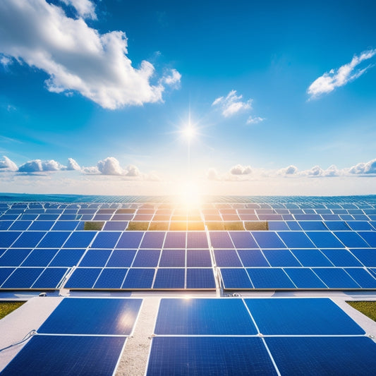 A futuristic background with 10 distinct, sleek solar panels of varying sizes, each surrounded by a halo of light, with subtle battery and inverter icons nearby, set against a bright blue sky with fluffy white clouds.