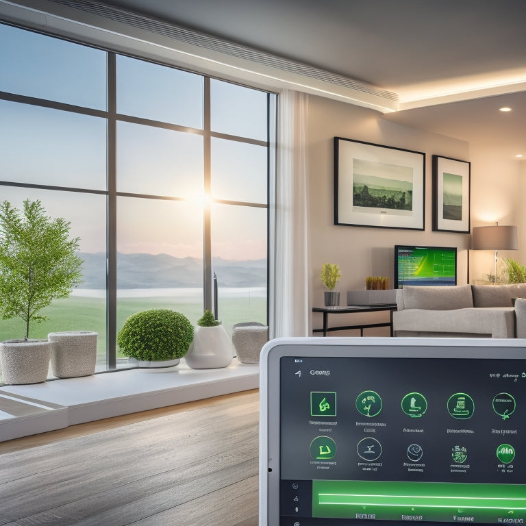 A modern home with a tablet displaying a dashboard showing real-time energy usage, surrounded by smart plugs, thermostats, and energy-efficient appliances, with a green glow and a downward trending graph in the background.