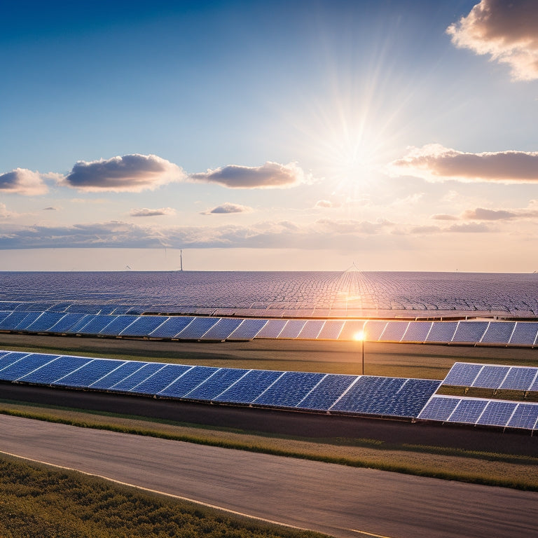 A serene landscape with a sprawling solar farm in the background, featuring rows of sleek, black photovoltaic panels angled towards the sky, with a few fluffy white clouds and a bright, warm sun.