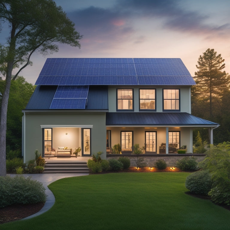 A serene suburban home with solar panels on the roof, surrounded by lush greenery, with a subtle glow emanating from the windows at dusk, conveying a sense of energy independence and peace of mind.