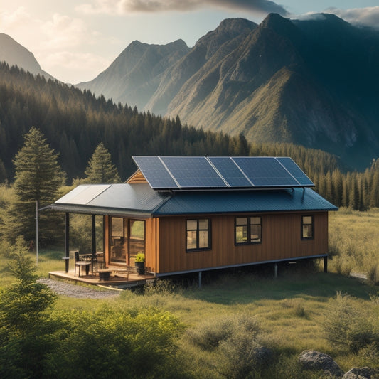 A serene off-grid cabin surrounded by lush greenery, with a solar panel array on the roof, a battery bank in the foreground, and a subtle hint of a mountain range in the distant background.