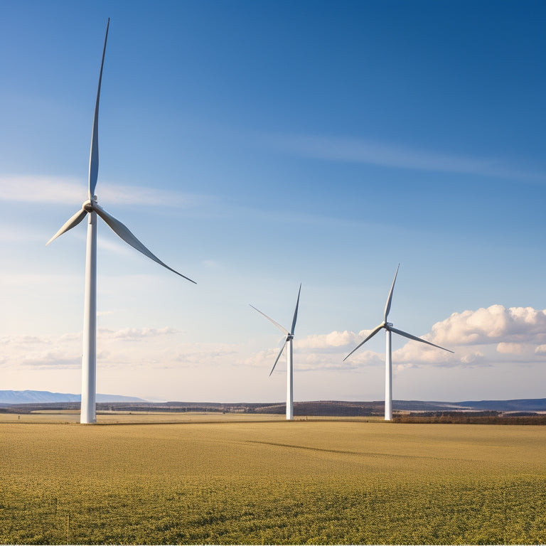 A serene landscape with a row of sleek, black solar panels on the left, and a majestic wind turbine rotating gently on the right, set against a bright blue sky with a few wispy clouds.