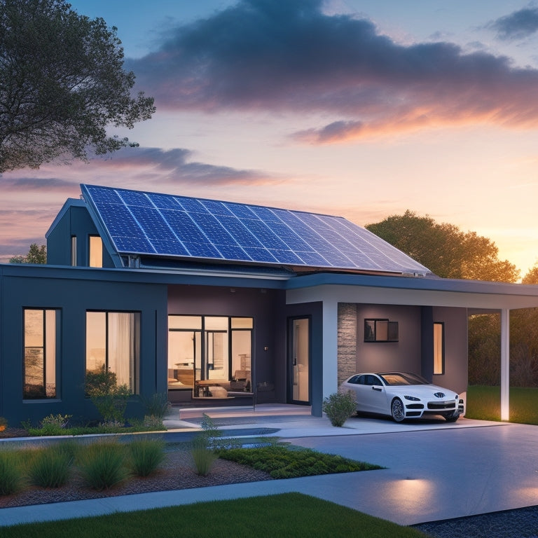 Illustrate a serene, modern home at sunset with a sleek solar panel array on the roof, a compact battery storage unit in the yard, and a subtle, glowing blue circuitry pattern connecting the two systems.