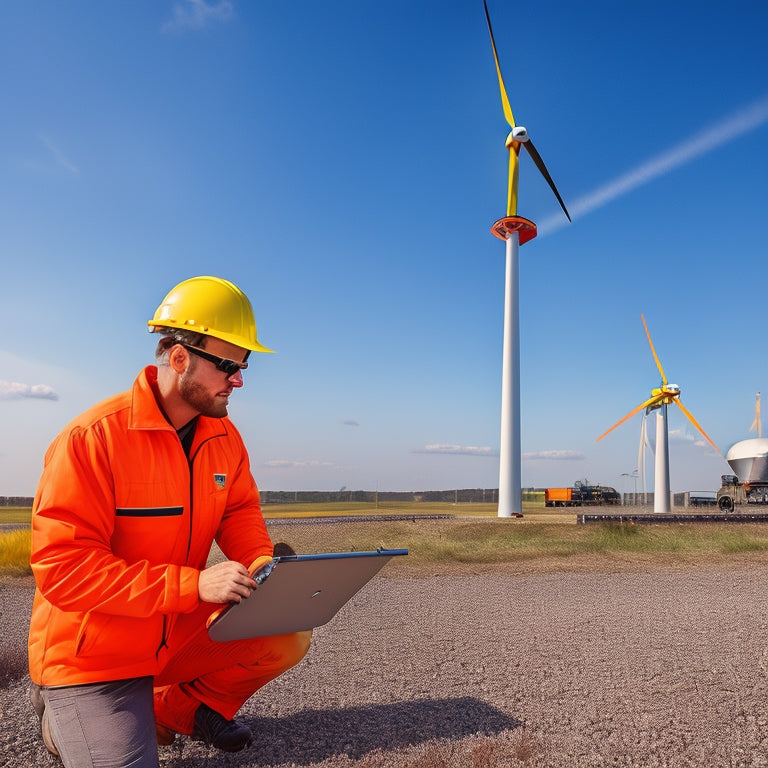 A photograph of a technician in a bright orange vest, wearing safety goggles, standing in front of a wind turbine, with a toolbox and laptop nearby, amidst a sunny, cloudy sky.